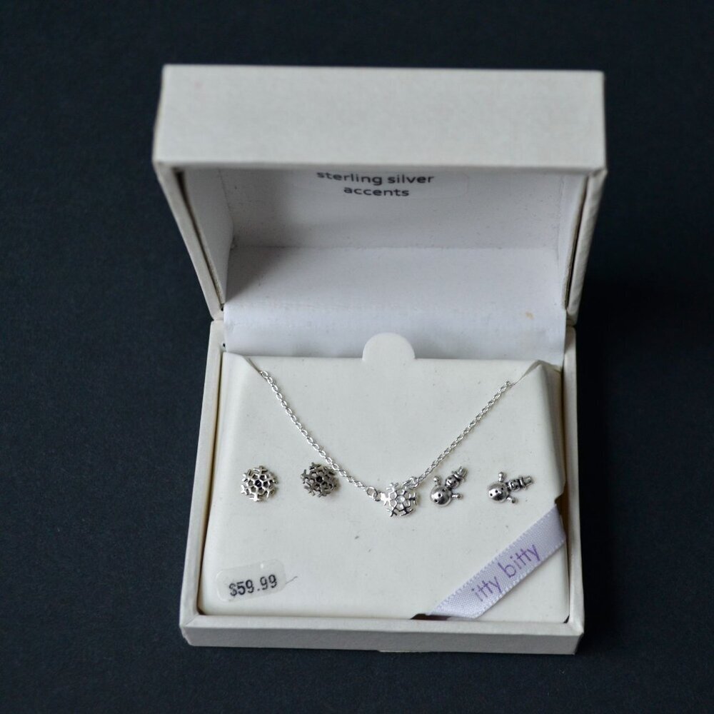 .925 Sterling Silver Snowman Snowflake Earrings Necklace Set New